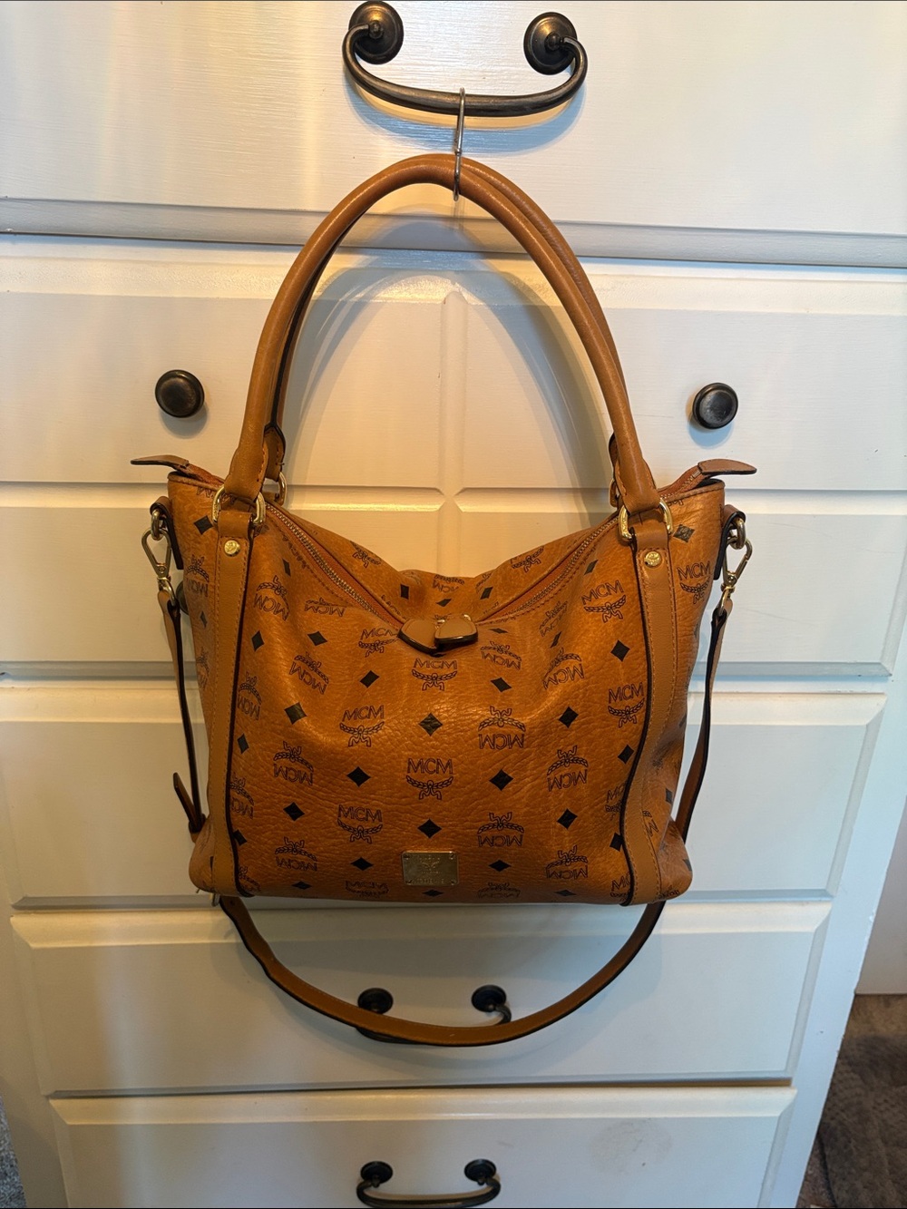 MCM Cognac Visetos Monogram Shoulder Bag